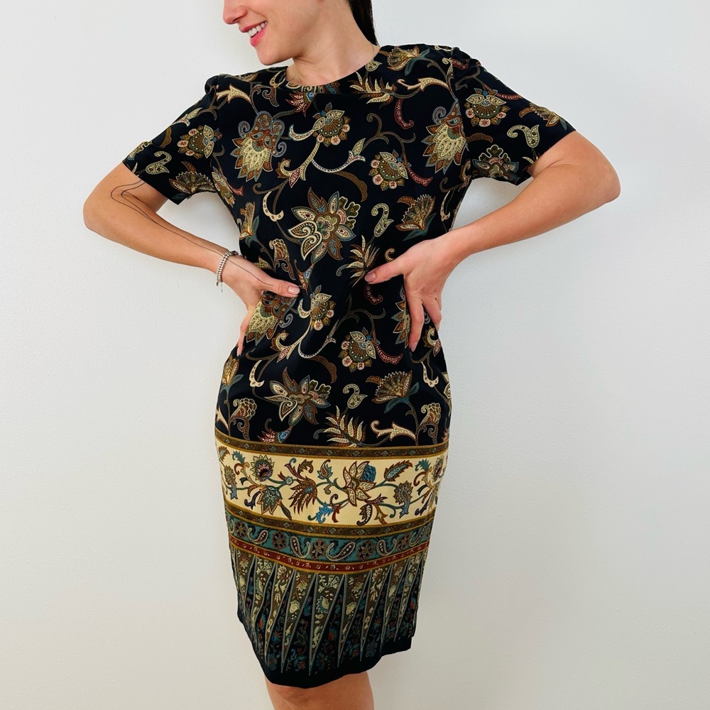 Vintage Liz Claiborne Mini Dress 100% Silk Floral Paisley Printed Brown